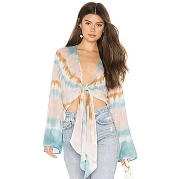 YOUNG FABULOUS & BROKE Blue Orange Tie Dye Tie Front Wide Sleeve Boho Top Small - Picture 1 of 6